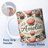 Personalized Custom Name Bold Red Protea Botanical Floral Seamless Pattern Cute Unique Gift 11oz Ceramic Coffee Tea Mug White Large Handle