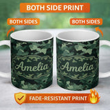 Personalized Custom Name Deep Forest Green Camouflage Modern Seamless Pattern Lovely 11oz Ceramic Coffee Tea Mug White Large Handle