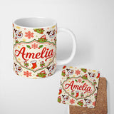 Personalized Custom Name Cute Snowman Elf Candy Cane Stocking Seamless Pattern Fun Holiday 11oz Ceramic Coffee Tea Mug White Large Handle