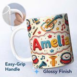 Personalized Custom Name Cute Musical Instruments Drums Trumpets Notes Fun Seamless Pattern 11oz Ceramic Coffee Tea Mug White Large Handle