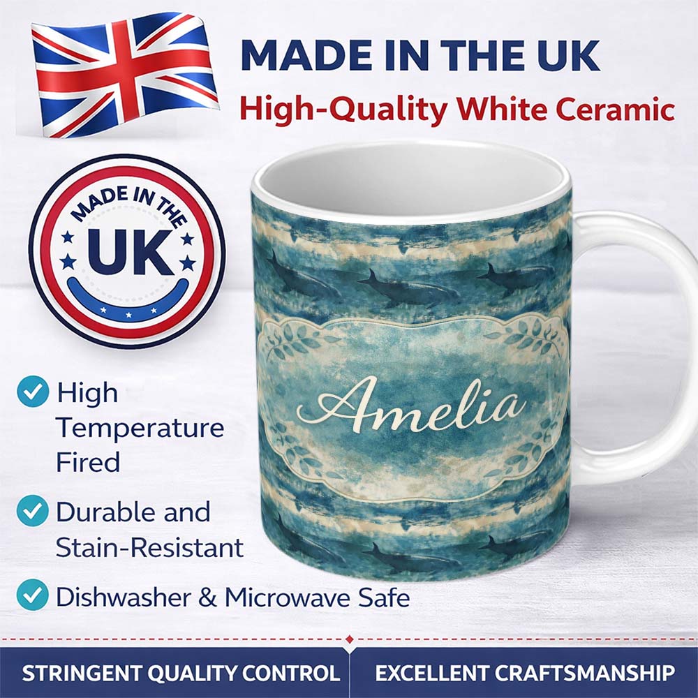 Personalized Custom Name Vintage Ocean Whale Seamless Pattern Textured Marine Animal Design 11oz Ceramic Coffee Tea Mug White Large Handle