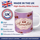 Personalized Custom Name Cherry Bow Ribbon Cute Lavender Pastel Background Seamless Pattern 11oz Ceramic Coffee Tea Mug White Large Handle