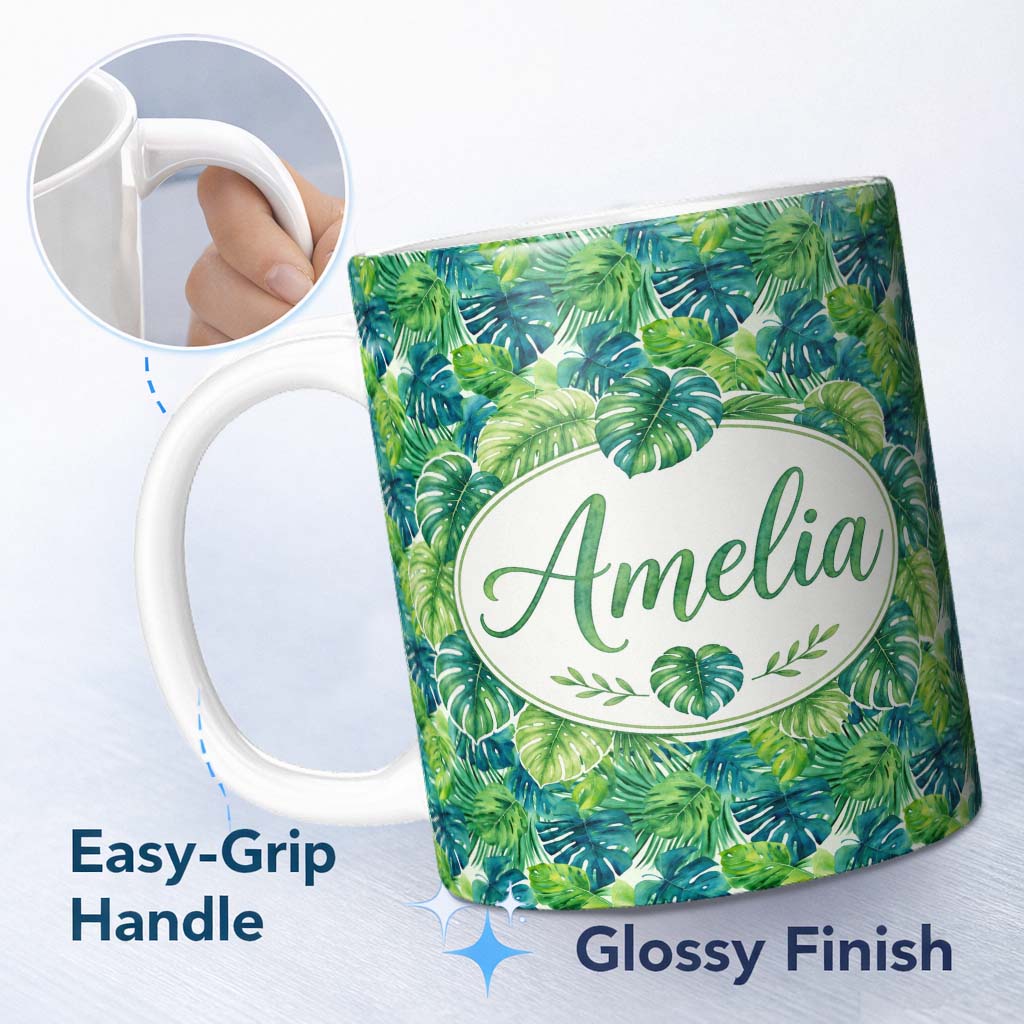 Personalized Custom Name Layered Green Tropical Leaves Botanical Seamless Pattern Lovely 11oz Ceramic Coffee Tea Mug White Large Handle