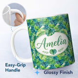 Personalized Custom Name Layered Green Tropical Leaves Botanical Seamless Pattern Lovely 11oz Ceramic Coffee Tea Mug White Large Handle