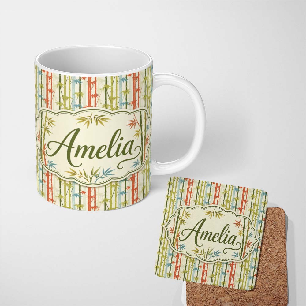 Personalized Custom Name Colorful Bamboo Stalks with Leaves Abstract Seamless Pattern Lovely 11oz Ceramic Coffee Tea Mug White Large Handle