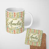 Personalized Custom Name Colorful Bamboo Stalks with Leaves Abstract Seamless Pattern Lovely 11oz Ceramic Coffee Tea Mug White Large Handle