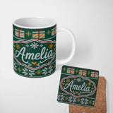Personalized Custom Name Cute Green Nordic Christmas Tree Snowflake Gift Knitted Seamless 11oz Ceramic Coffee Tea Mug White Large Handle