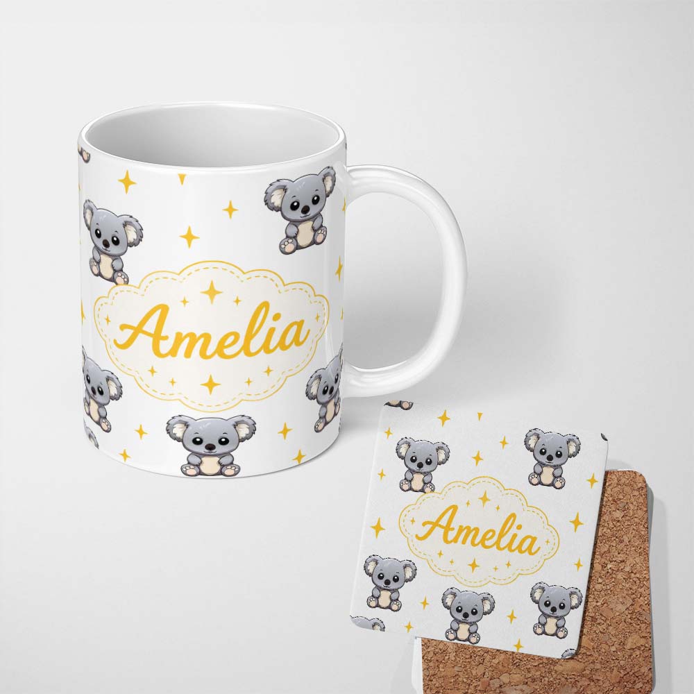 Personalized Custom Name Cute Cartoon Koala Bears with Yellow Stars on Light Grey Background 11oz Ceramic Coffee Tea Mug White Large Handle