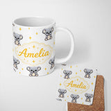 Personalized Custom Name Cute Cartoon Koala Bears with Yellow Stars on Light Grey Background 11oz Ceramic Coffee Tea Mug White Large Handle