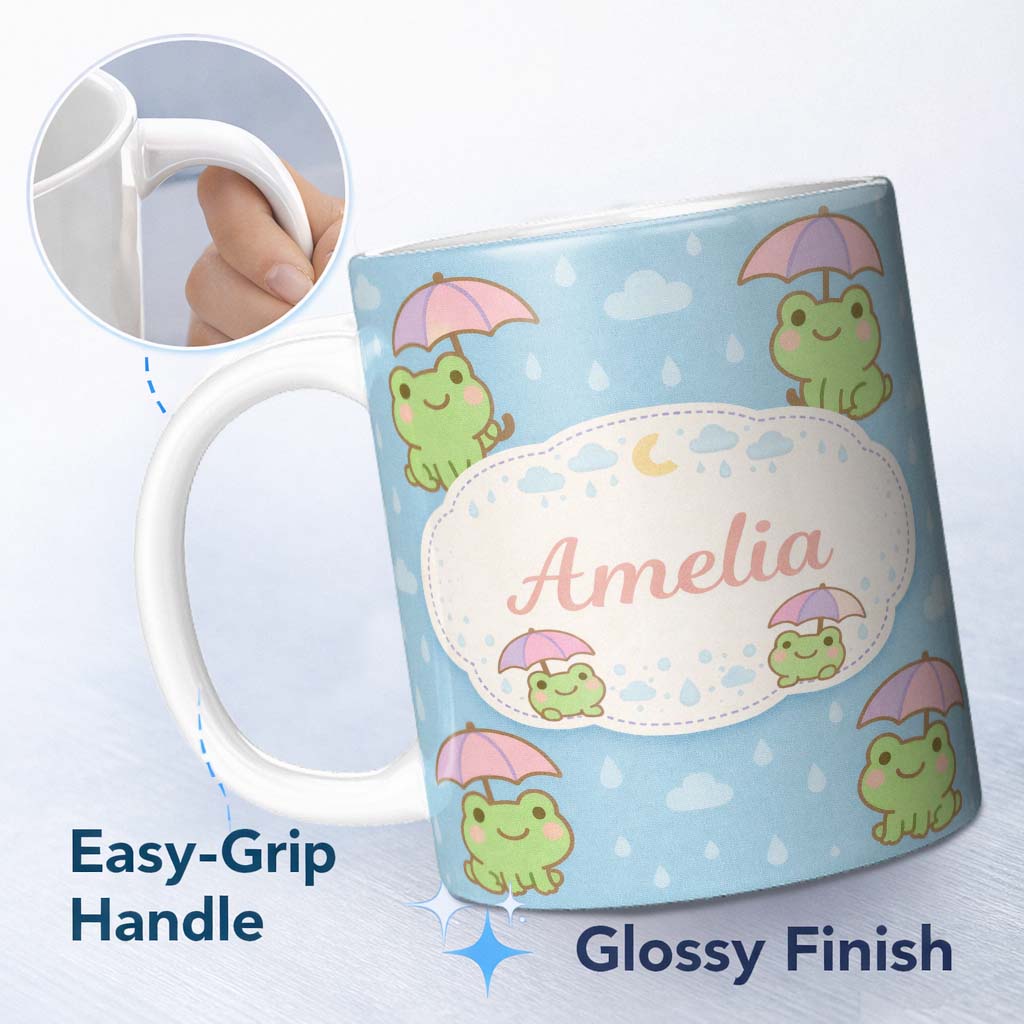Personalized Custom Name Cute Frog Umbrella Rain Cartoon Animal Pattern Stylish Everyday Mug 11oz Ceramic Coffee Tea Mug White Large Handle