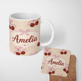Personalized Custom Name Cherry Bow Ribbon Cute Warm Beige Neutral Background Seamless Lovely 11oz Ceramic Coffee Tea Mug White Large Handle