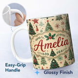 Personalized Custom Name Christmas Tree Star Snowflake Folk Art Seamless Pattern Lovely 11oz Ceramic Coffee Tea Mug White Large Handle