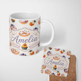 Personalized Custom Name Halloween Donuts Cupcakes and Spiders on Neutral Grey Background 11oz Ceramic Coffee Tea Mug White Large Handle