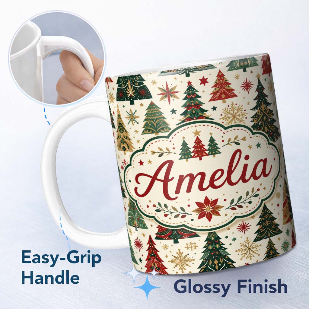 Personalized Custom Name Ornate Christmas Trees Snowflakes Stars Vintage Holiday Seamless 11oz Ceramic Coffee Tea Mug White Large Handle