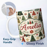 Personalized Custom Name Ornate Christmas Trees Snowflakes Stars Vintage Holiday Seamless 11oz Ceramic Coffee Tea Mug White Large Handle