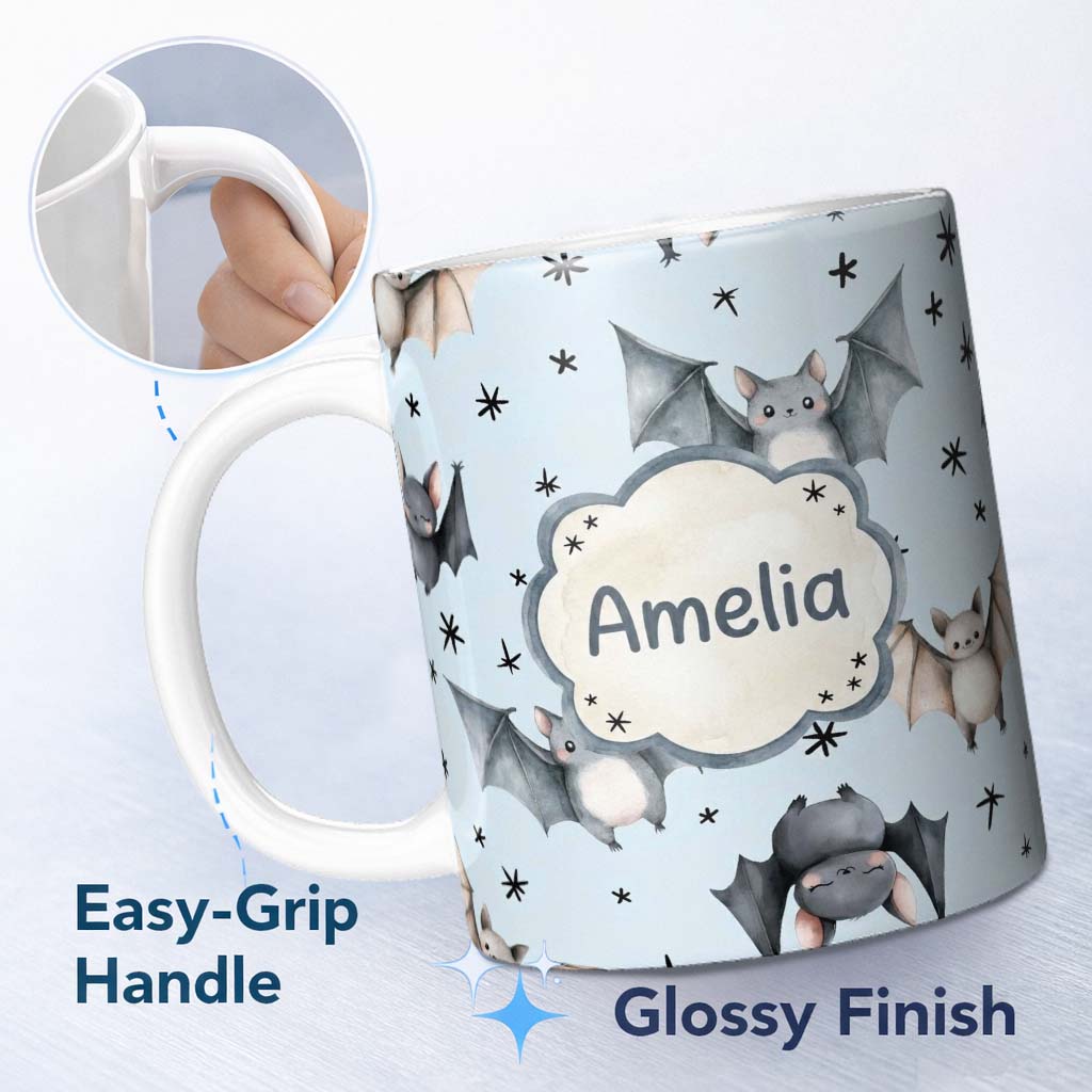 Personalized Custom Name Cute Baby Bats with Stars Night Sky Blue Background Seamless 11oz Ceramic Coffee Tea Mug White Large Handle