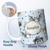Personalized Custom Name Cute Baby Bats with Stars Night Sky Blue Background Seamless 11oz Ceramic Coffee Tea Mug White Large Handle