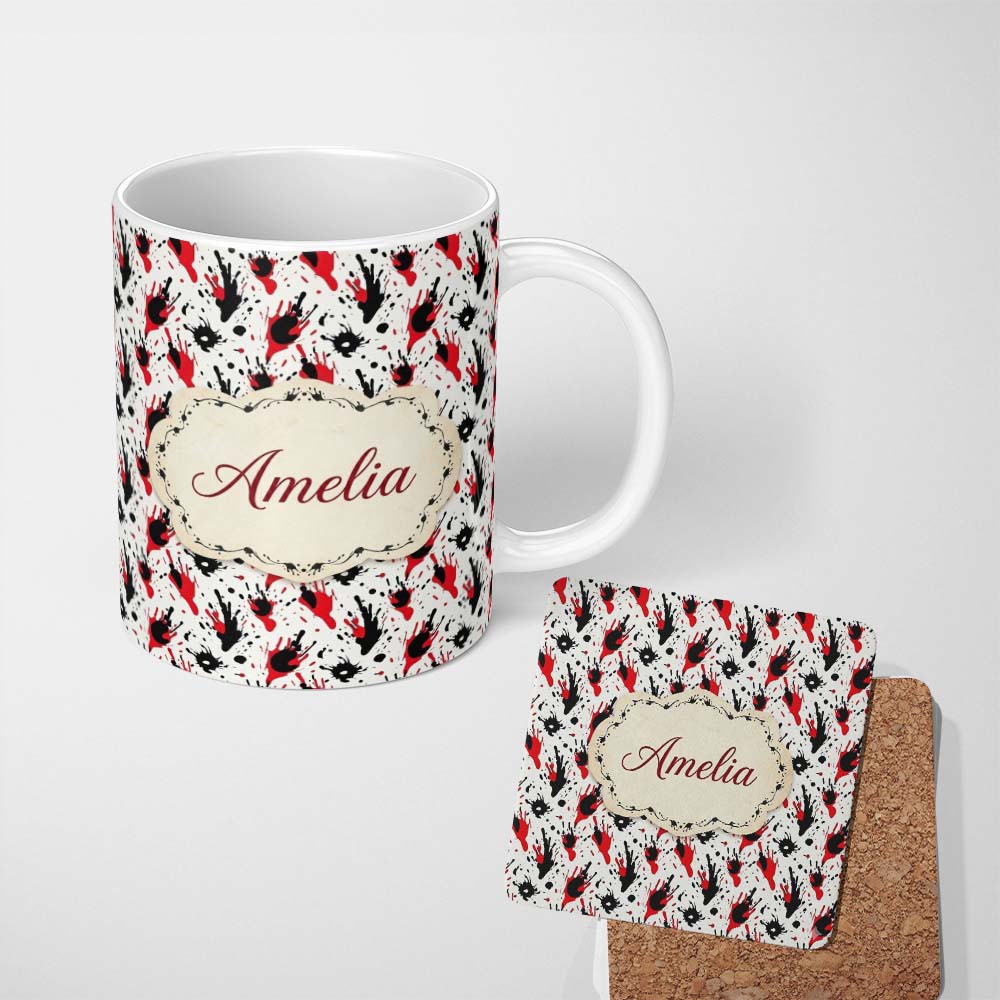 Personalized Custom Name Red Black Paint Splatter Grunge Abstract Seamless Pattern Lovely 11oz Ceramic Coffee Tea Mug White Large Handle
