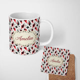 Personalized Custom Name Red Black Paint Splatter Grunge Abstract Seamless Pattern Lovely 11oz Ceramic Coffee Tea Mug White Large Handle