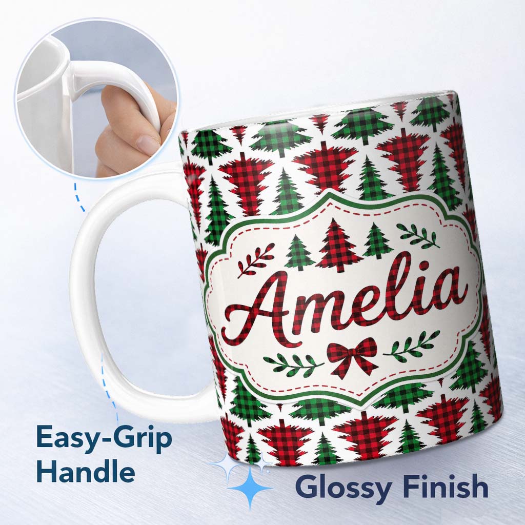 Personalized Custom Name Buffalo Plaid Christmas Tree in Red and Green Rustic Seamless 11oz Ceramic Coffee Tea Mug White Large Handle