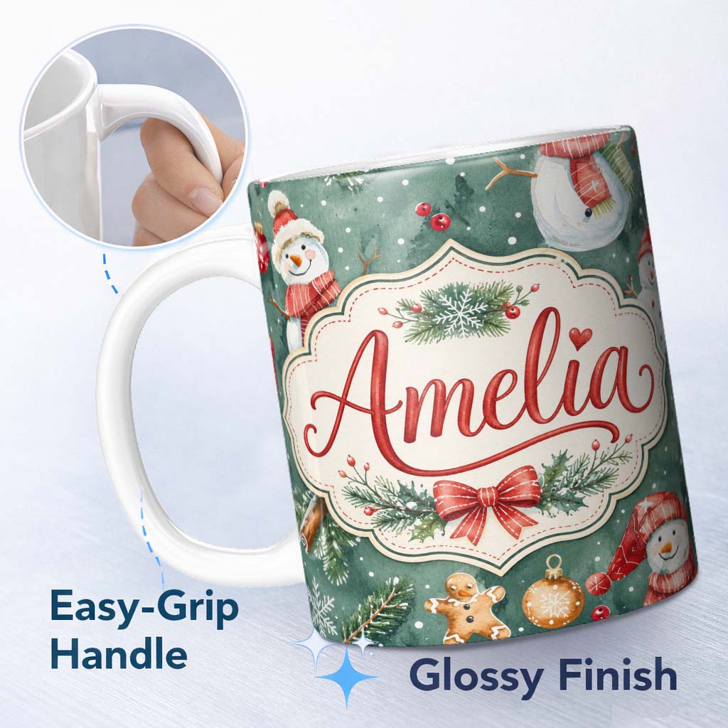 Personalized Custom Name Winter Snowman Gingerbread Cookie Holiday Green Seamless Pattern 11oz Ceramic Coffee Tea Mug White Large Handle