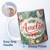 Personalized Custom Name Winter Snowman Gingerbread Cookie Holiday Green Seamless Pattern 11oz Ceramic Coffee Tea Mug White Large Handle