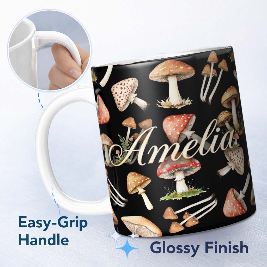Personalized Custom Name Watercolor Woodland Mushroom Botanical Seamless Pattern Lovely 11oz Ceramic Coffee Tea Mug White Large Handle