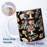 Personalized Custom Name Watercolor Woodland Mushroom Botanical Seamless Pattern Lovely 11oz Ceramic Coffee Tea Mug White Large Handle