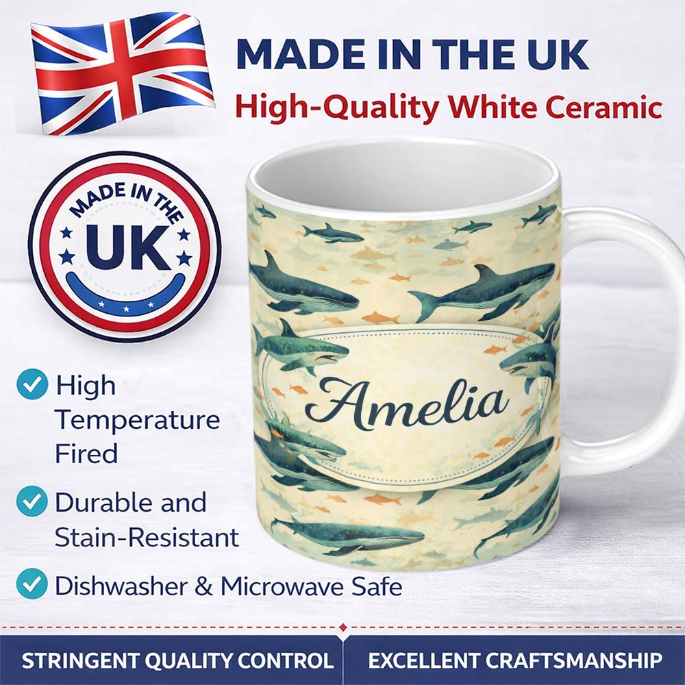 Personalized Custom Name Beige Ocean Whale Seamless Pattern Soft Marine Animal Illustration 11oz Ceramic Coffee Tea Mug White Large Handle