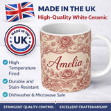 Personalized Custom Name Vintage Red Rose Floral Sketch Seamless Pattern Design Elegant 11oz Ceramic Coffee Tea Mug White Large Handle