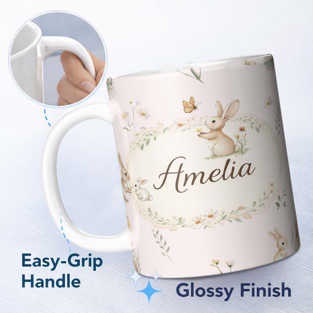 Personalized Custom Name Cute Bunny with Carrot Blue Check Background Seamless Pattern Lovely 11oz Ceramic Coffee Tea Mug White Large Handle