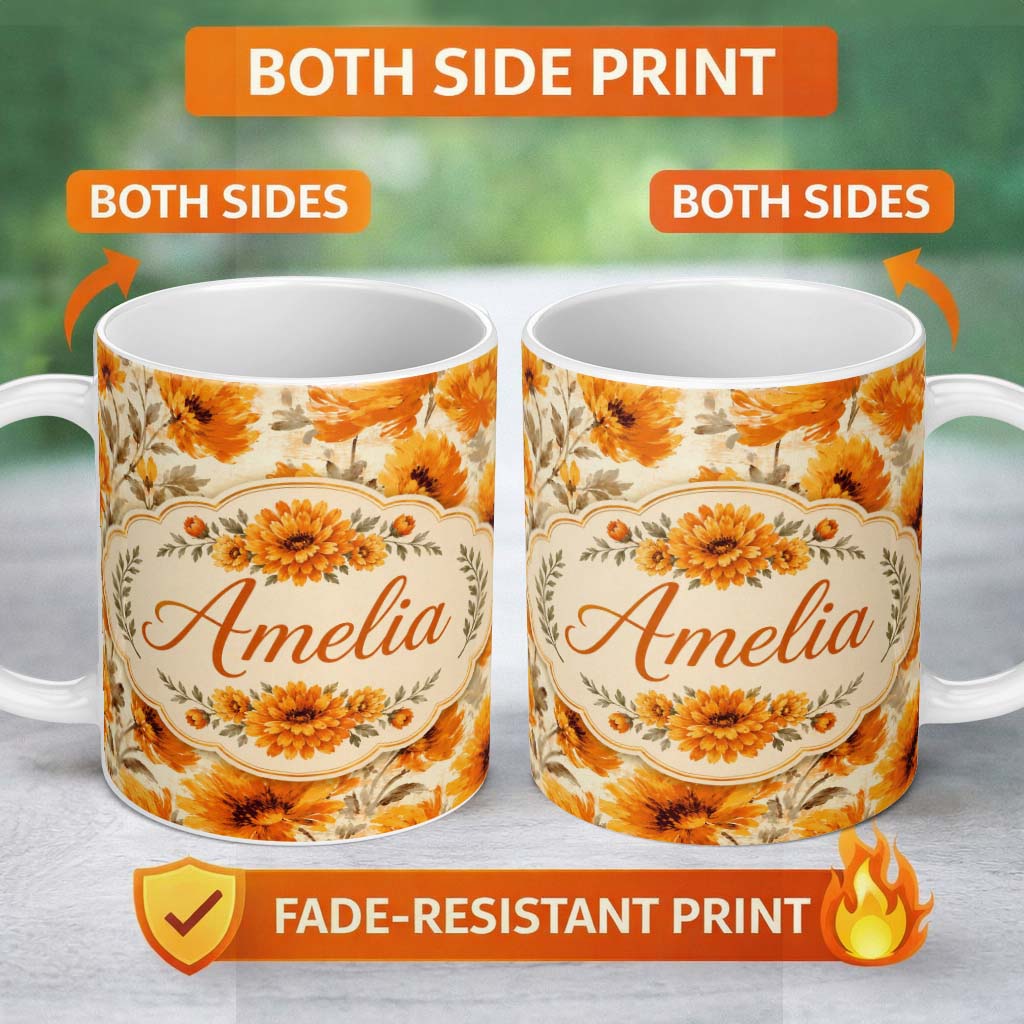 Personalized Custom Name Watercolor Orange Floral Seamless Pattern on Light Background Lovely 11oz Ceramic Coffee Tea Mug White Large Handle