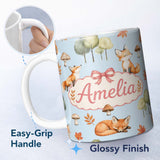 Personalized Custom Name Watercolor Woodland Fox Mushroom Autumn Seamless Pattern on Blue 11oz Ceramic Coffee Tea Mug White Large Handle