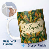 Personalized Custom Name Autumn Multicolour Leaf Botanical Seamless Pattern Cute Unique Gift 11oz Ceramic Coffee Tea Mug White Large Handle