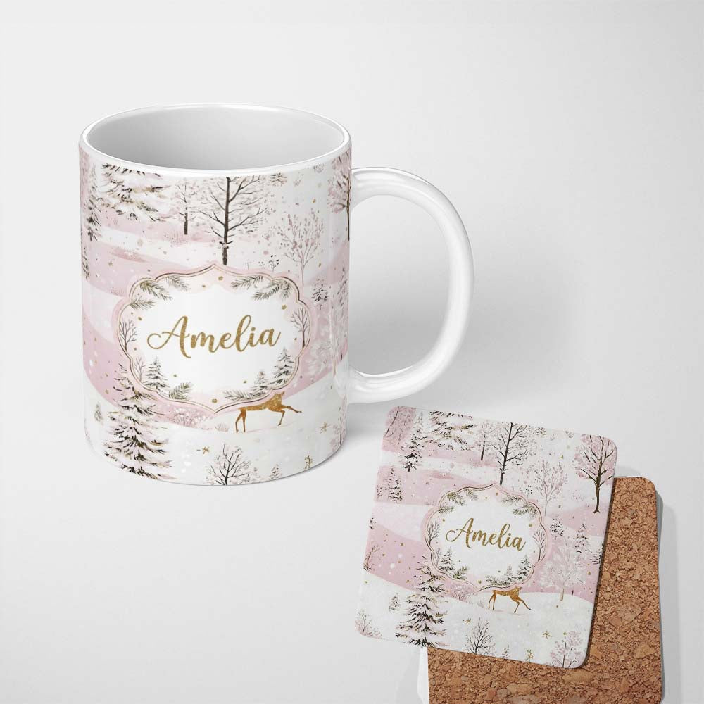Personalized Custom Name Winter Wonderland Deer Snowy Forest Pink Seamless Pattern Lovely 11oz Ceramic Coffee Tea Mug White Large Handle