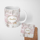 Personalized Custom Name Winter Wonderland Deer Snowy Forest Pink Seamless Pattern Lovely 11oz Ceramic Coffee Tea Mug White Large Handle