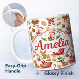 Personalized Custom Name Cute Santa Reindeer Elf Characters Seamless Pattern Cute Unique Gift 11oz Ceramic Coffee Tea Mug White Large Handle