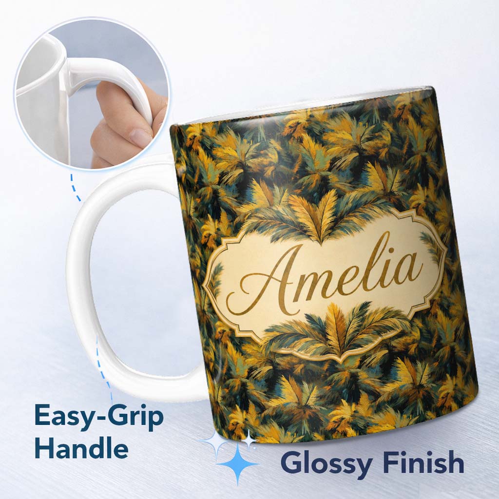Personalized Custom Name Dark Tropical Palm Leaf Pattern in Rich Green and Ochre Tones Lovely 11oz Ceramic Coffee Tea Mug White Large Handle