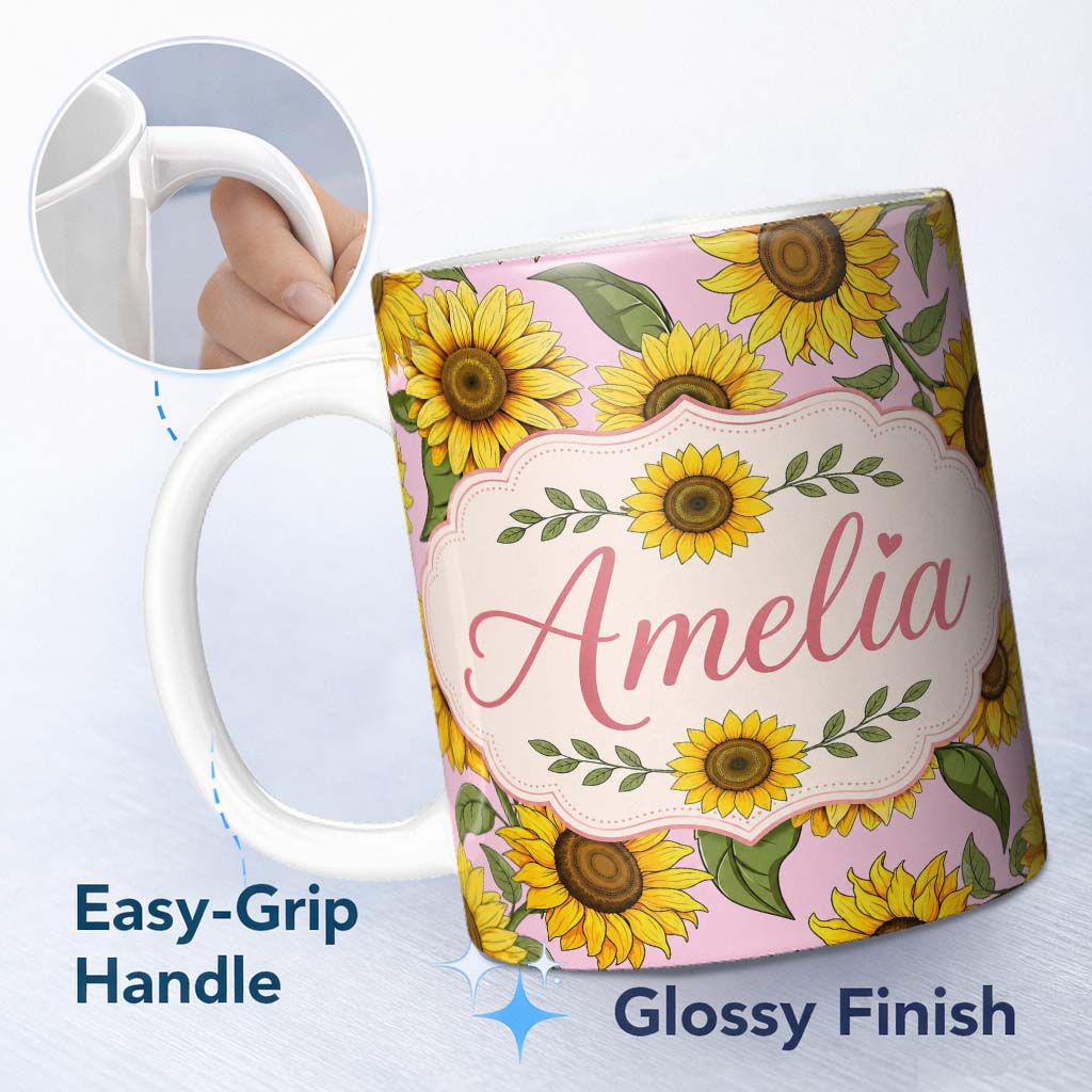 Personalized Custom Name Bright Yellow Sunflower Soft Pink Background Seamless Pattern Name 11oz Ceramic Coffee Tea Mug White Large Handle