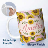 Personalized Custom Name Bright Yellow Sunflower Soft Pink Background Seamless Pattern Name 11oz Ceramic Coffee Tea Mug White Large Handle