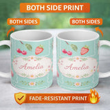 Personalized Custom Name Strawberry Cherry Bow Seamless Pattern Teal Frame Cute Coquette 11oz Ceramic Coffee Tea Mug White Large Handle