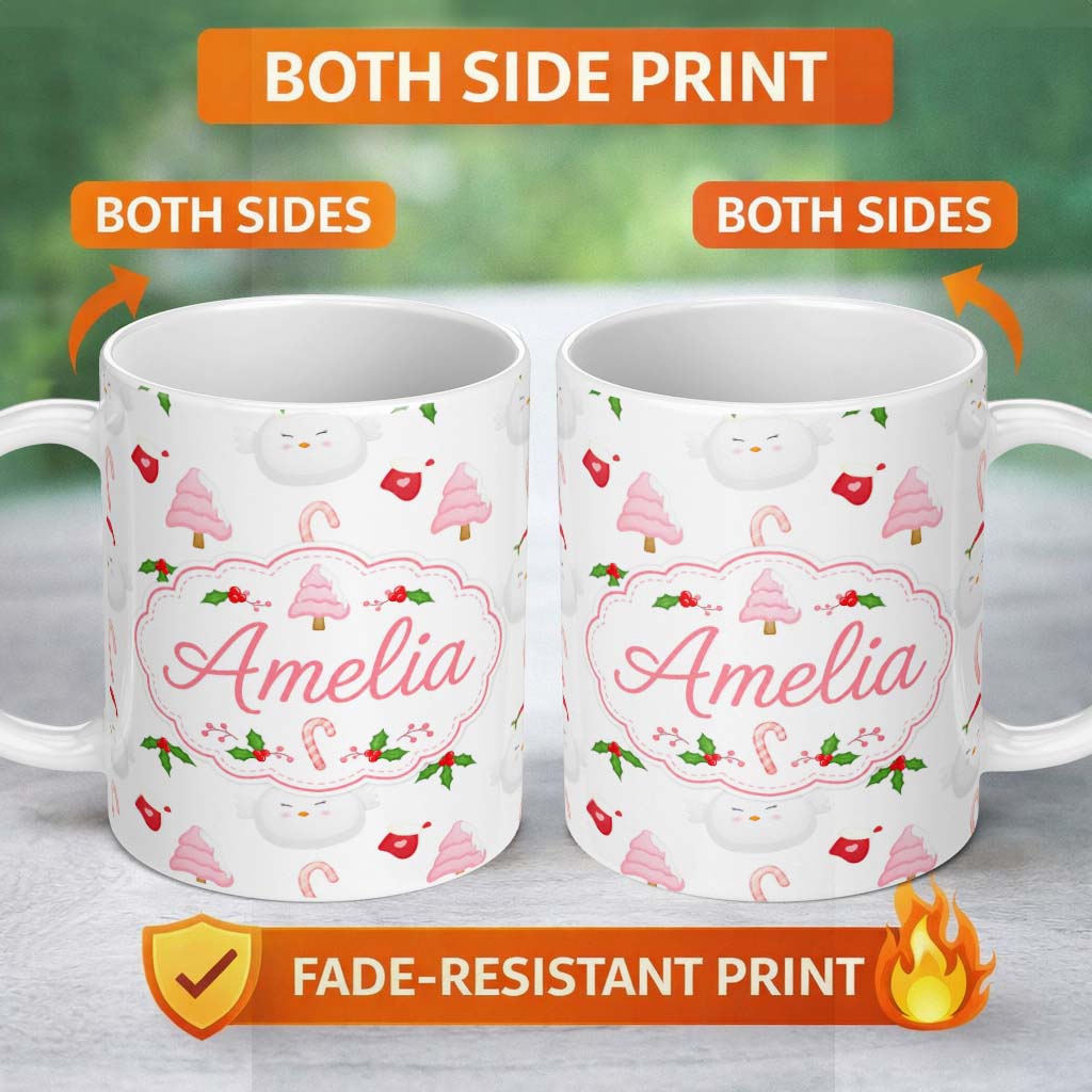 Personalized Custom Name Cute Christmas Dove Holly Candy Cane Seamless Pattern Lovely 11oz Ceramic Coffee Tea Mug White Large Handle