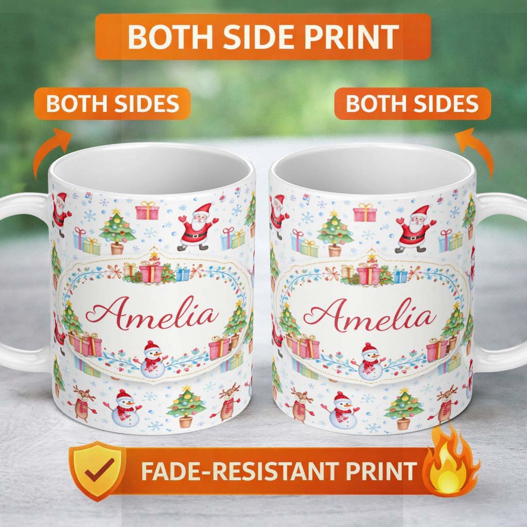 Personalized Custom Name Santa Reindeer Christmas Tree Pattern Cute Holiday Seamless Design 11oz Ceramic Coffee Tea Mug White Large Handle