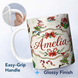 Personalized Custom Name Playful Christmas Elves Gifts Candy Cane Festive Seamless Pattern 11oz Ceramic Coffee Tea Mug White Large Handle