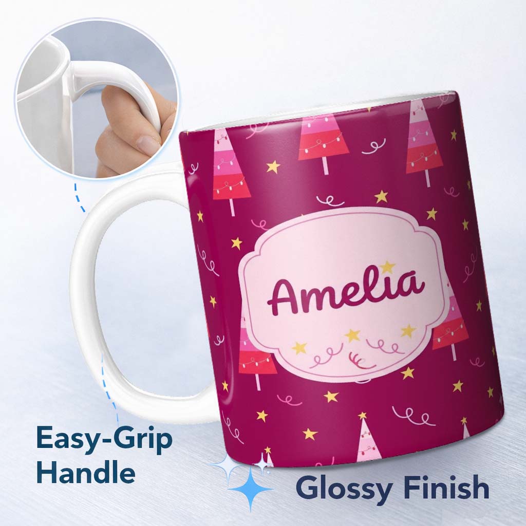 Personalized Custom Name Dark Pink Christmas Trees Stars Lights Festive Seamless Pattern 11oz Ceramic Coffee Tea Mug White Large Handle