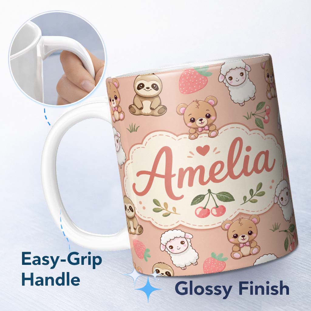 Personalized Custom Name Cute Cute Baby Animals Bear Sheep Sloth Strawberry Cherry Peach 11oz Ceramic Coffee Tea Mug White Large Handle