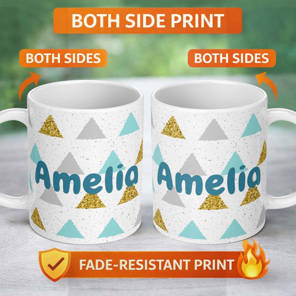 Personalized Custom Name Modern Christmas Tree Triangle Gold Glitter Minimal Seamless Pattern 11oz Ceramic Coffee Tea Mug White Large Handle