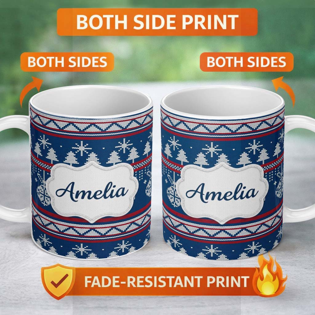 Personalized Custom Name Scandinavian Snowflake Ornament Knit Pattern Blue White Red Holiday 11oz Ceramic Coffee Tea Mug White Large Handle