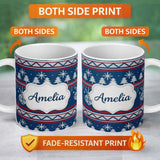 Personalized Custom Name Scandinavian Snowflake Ornament Knit Pattern Blue White Red Holiday 11oz Ceramic Coffee Tea Mug White Large Handle
