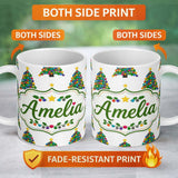 Personalized Custom Name Bright Christmas Trees with Multicolor Ornaments and Stars Seamless 11oz Ceramic Coffee Tea Mug White Large Handle